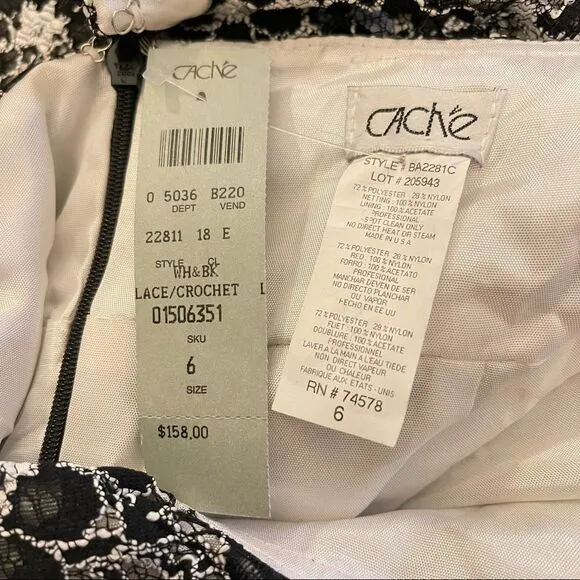 Cache Black &amp; White Lace Tulle Cocktail Dress 6 NWT