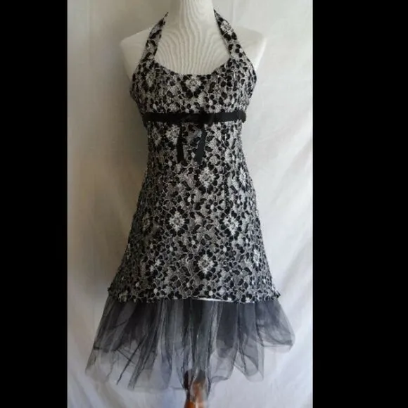 Cache Black &amp; White Lace Tulle Cocktail Dress 6 NWT