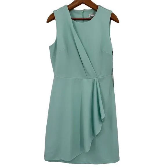 Calvin Klein 10 Drape Crepe Sheath Dress High Neck Party Wedding Guest Green New