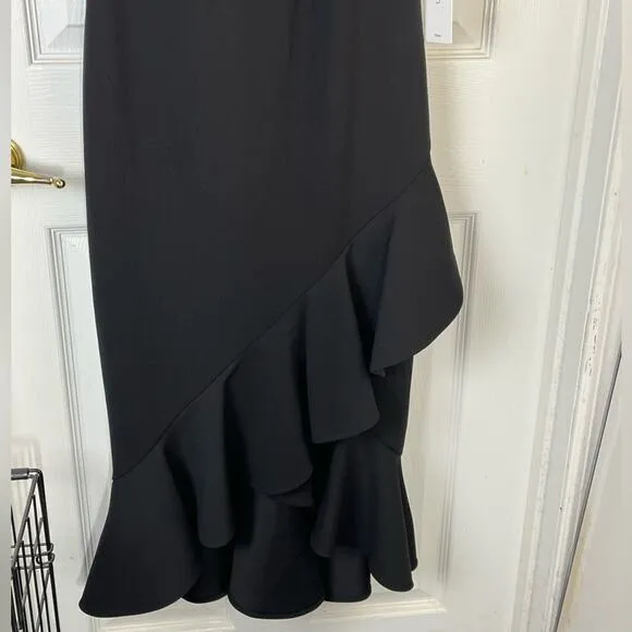 Calvin Klein Black sleeveless stretch crepe dress with ruffle hem, size 4