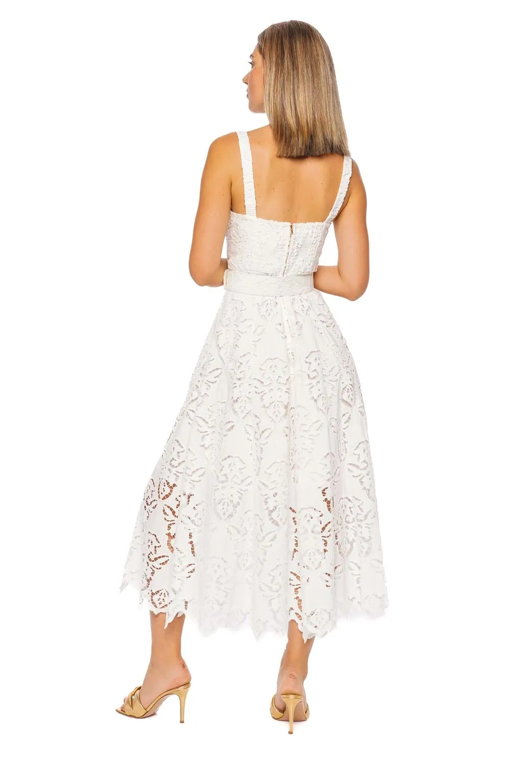 Calypso Embroidered Eyelet Belted Midi Dress