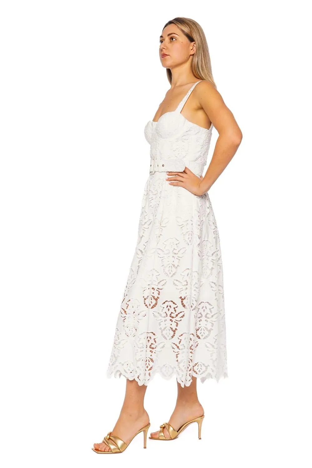 Calypso Embroidered Eyelet Belted Midi Dress