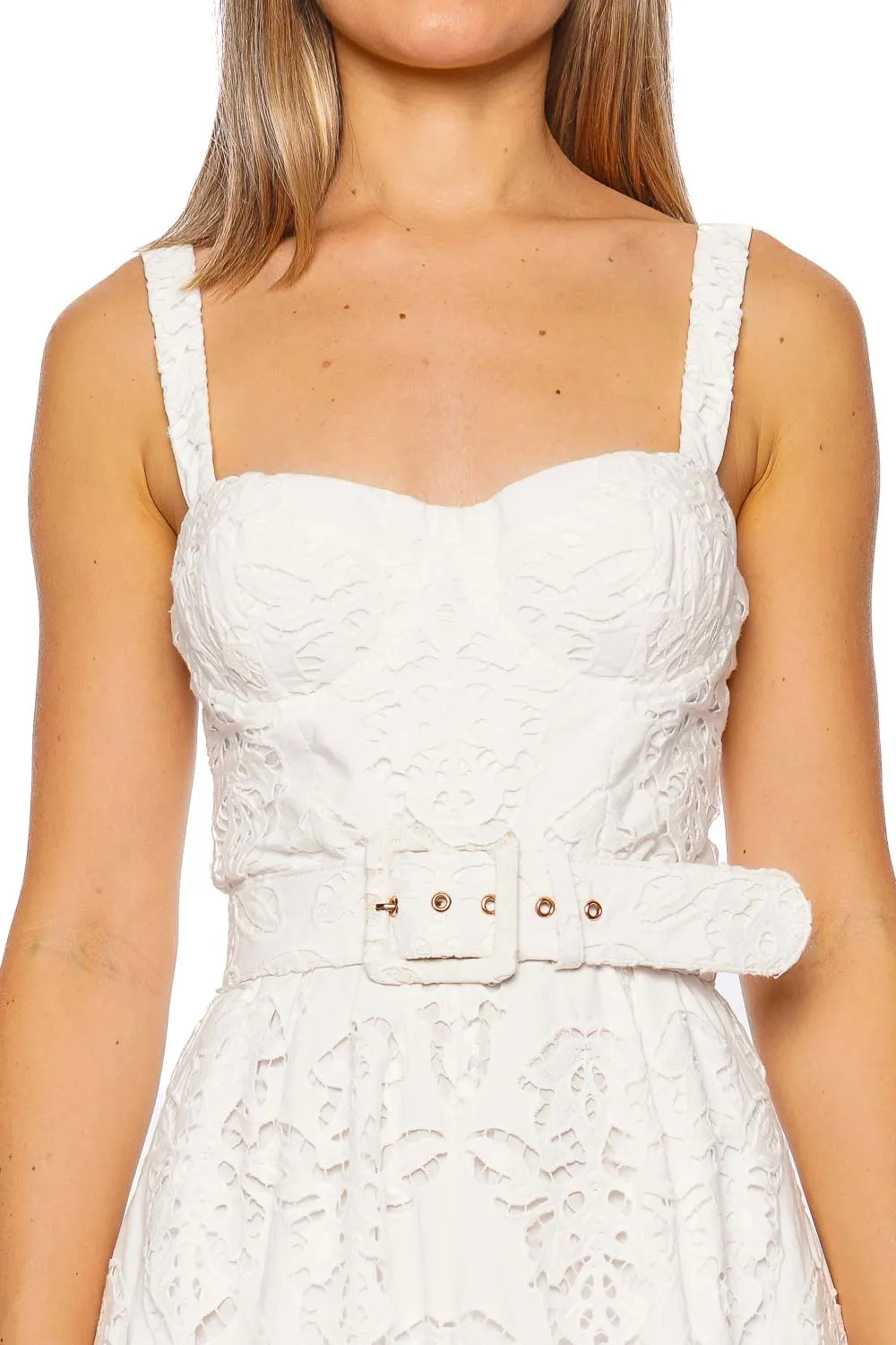 Calypso Embroidered Eyelet Belted Midi Dress