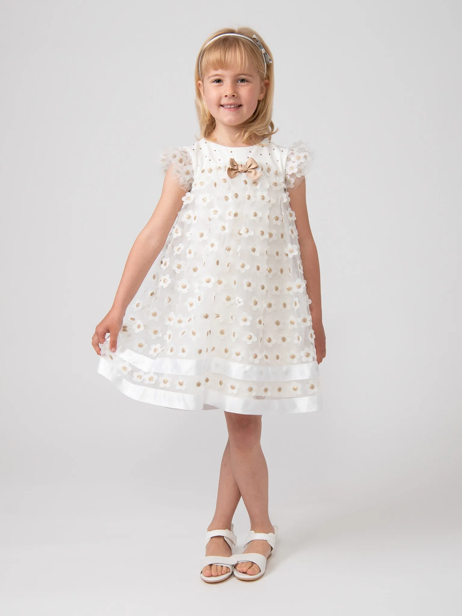 Caramelo Kids Ivory & Gold 'Daisy' Applique Dress