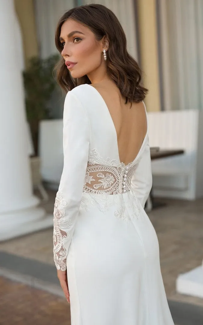 Casual V-neck Sheath Floor-length Sweep Train Long Sleeve Wedding Dress With Split Front-716021