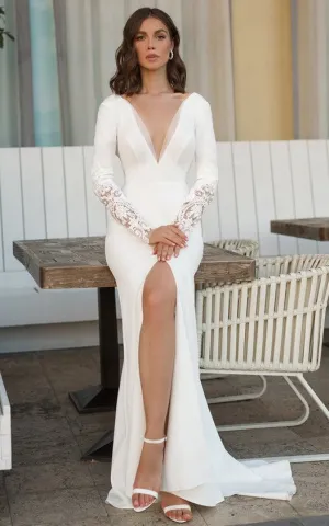 Casual V-neck Sheath Floor-length Sweep Train Long Sleeve Wedding Dress With Split Front-716021