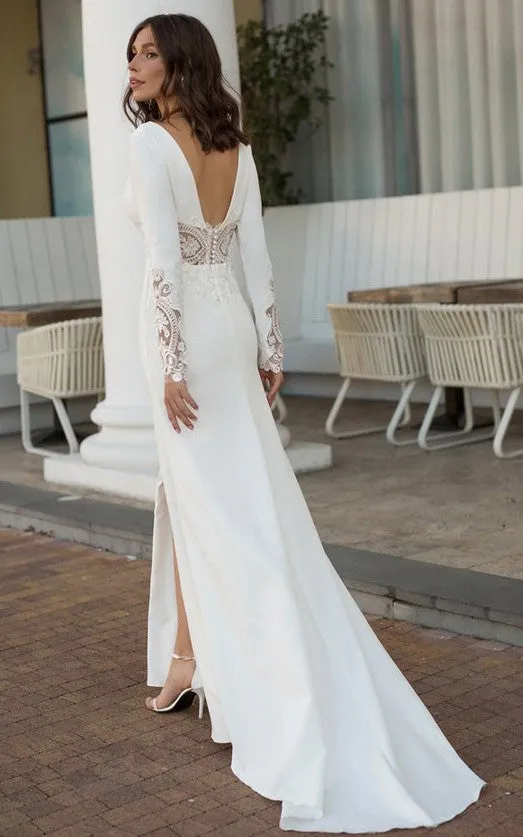 Casual V-neck Sheath Floor-length Sweep Train Long Sleeve Wedding Dress With Split Front-716021