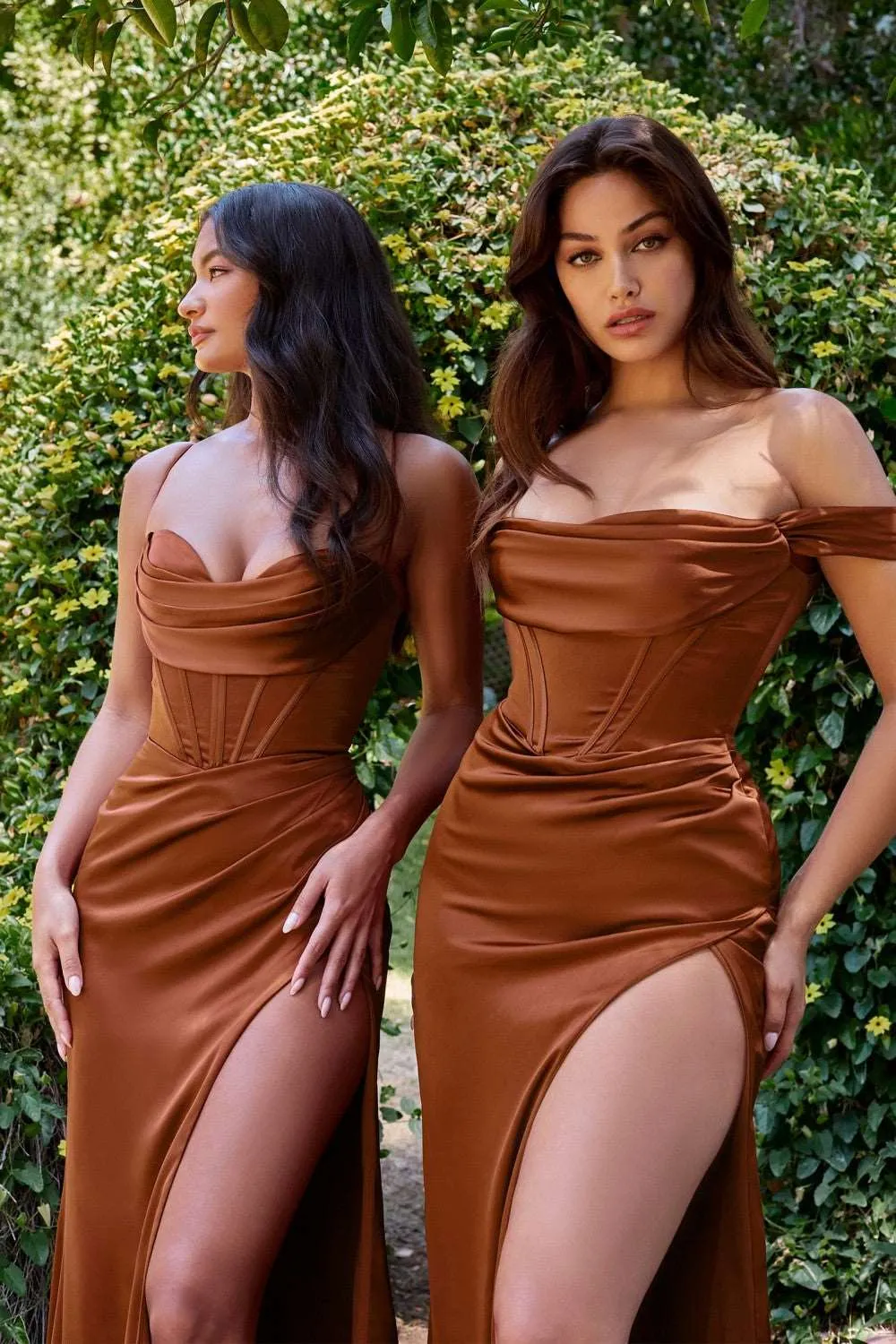 CD 7483 - Stretch Satin Fit & Flare Prom Gown with Boned Cowl Neck Bodice Open Corset Back & Leg Slit