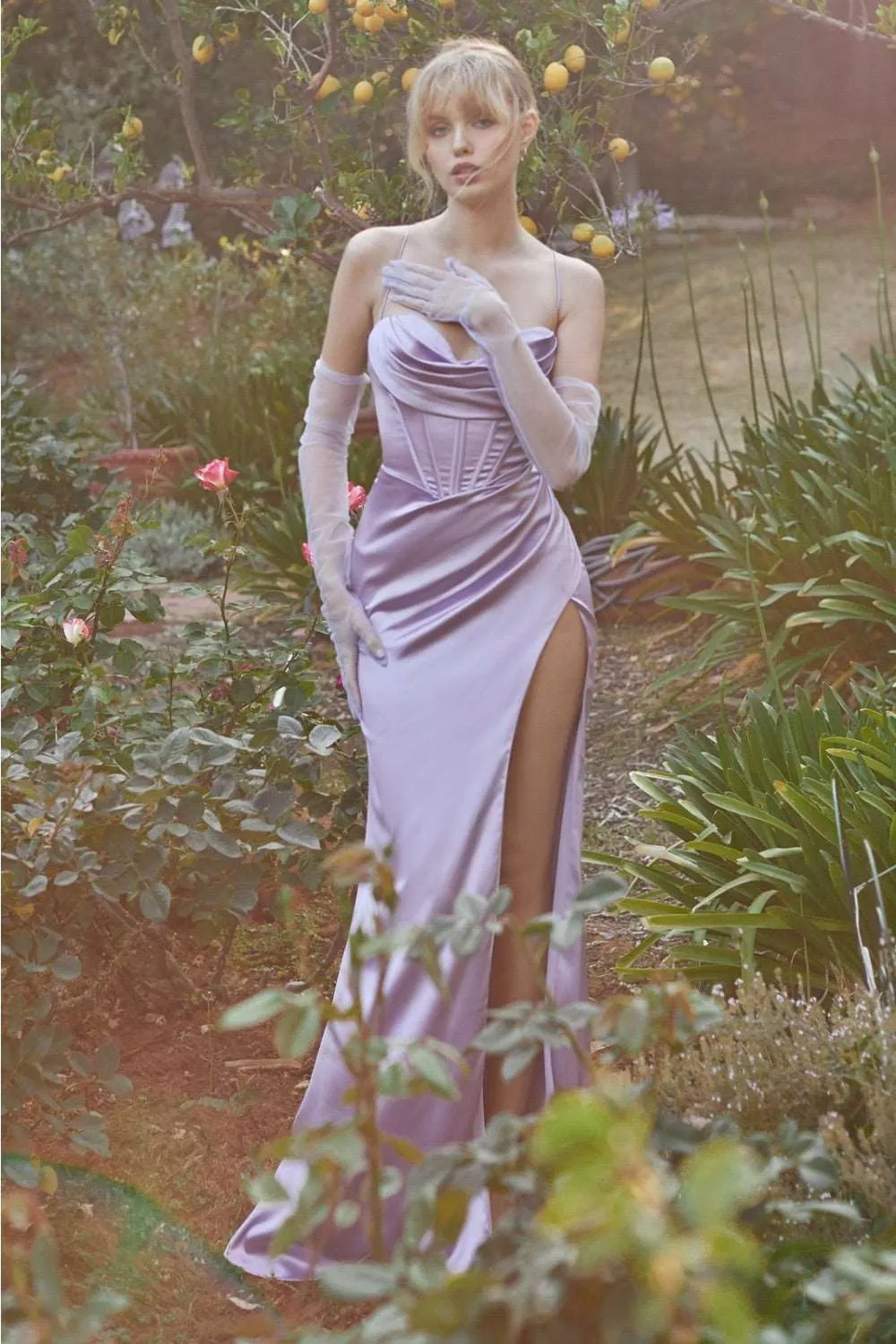 CD 7483 - Stretch Satin Fit & Flare Prom Gown with Boned Cowl Neck Bodice Open Corset Back & Leg Slit