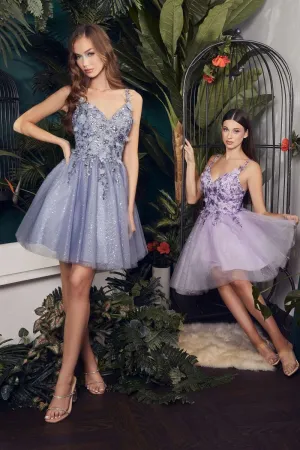 CD 9245 - Glitter Print A-Line Homecoming Dress with 3D Floral Applique & Layered Shimmer Tulle Skirt