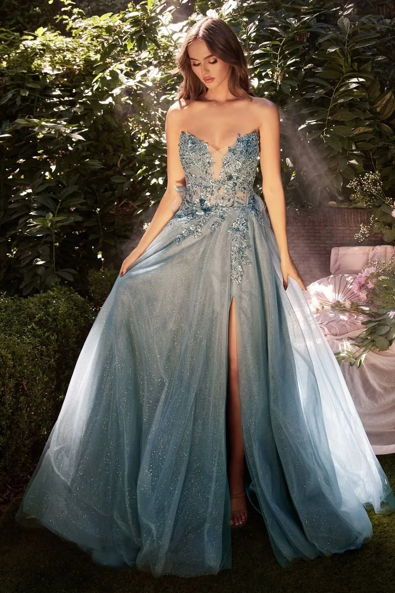 CD A1303 - Strapless Glitter Tulle A-Line Prom Gown with Sheer Beaded Lace Appliqué Bodice Leg Slit & Removable Puff Sleeves
