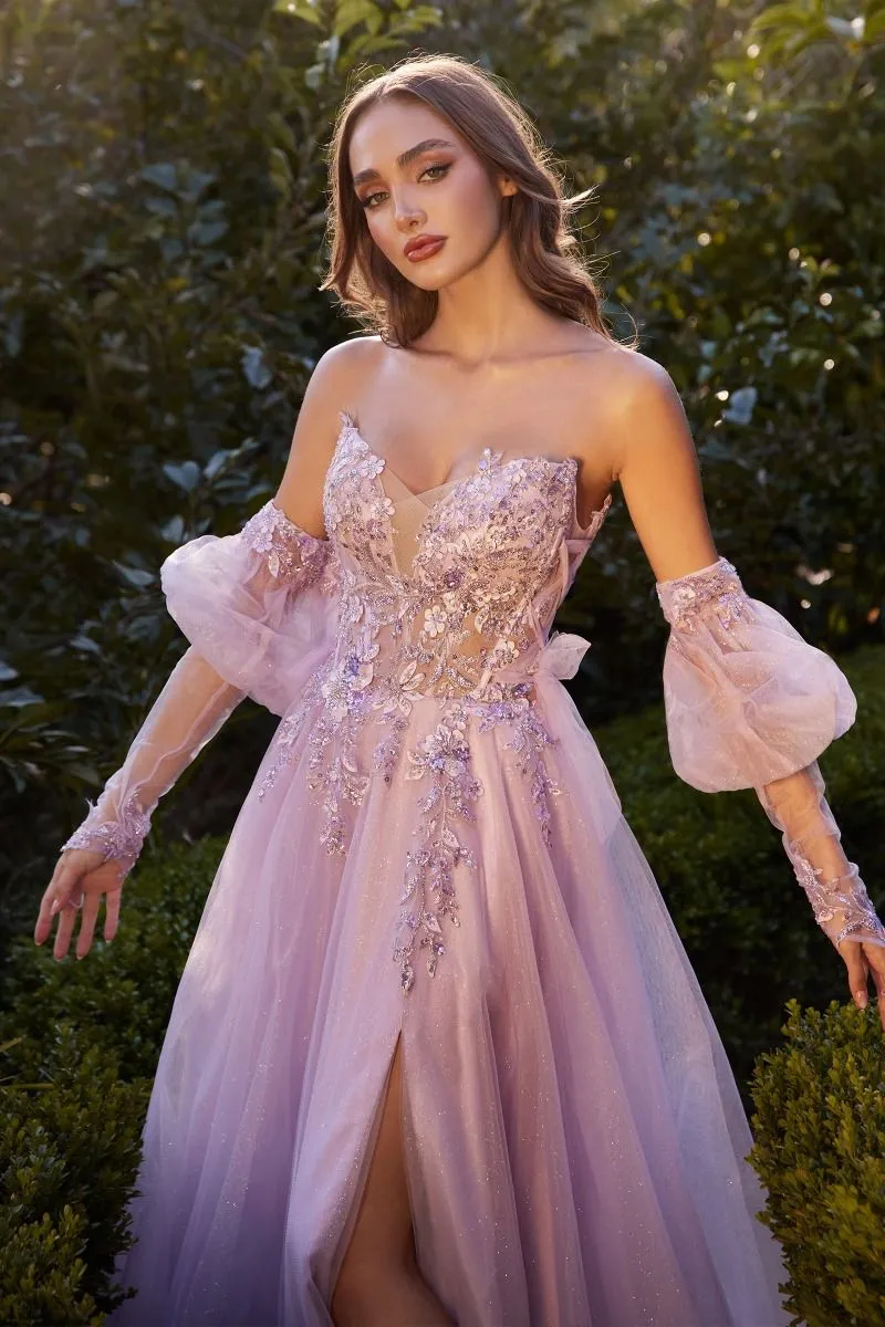 CD A1303 - Strapless Glitter Tulle A-Line Prom Gown with Sheer Beaded Lace Appliqué Bodice Leg Slit & Removable Puff Sleeves