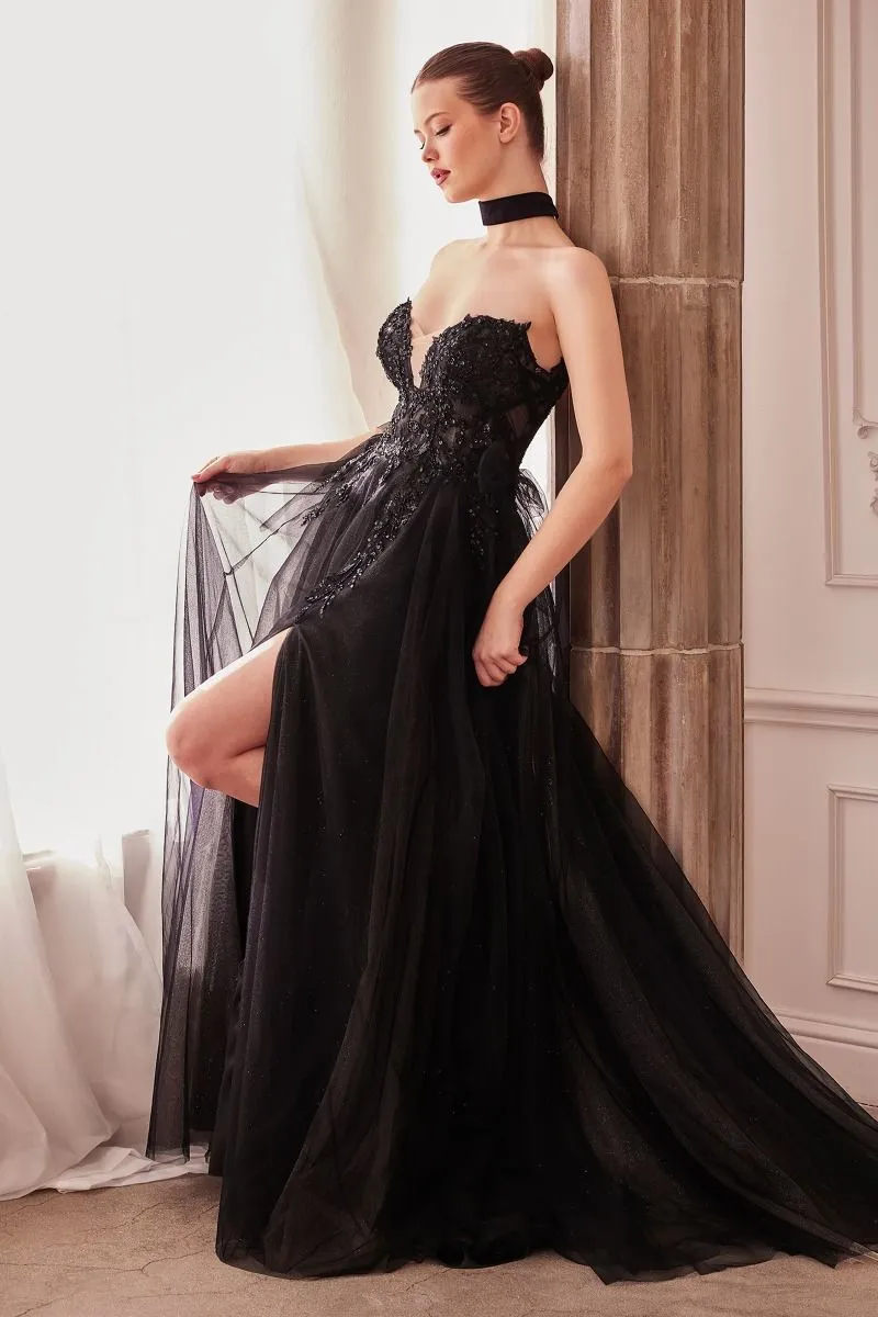 CD A1303 - Strapless Glitter Tulle A-Line Prom Gown with Sheer Beaded Lace Appliqué Bodice Leg Slit & Removable Puff Sleeves