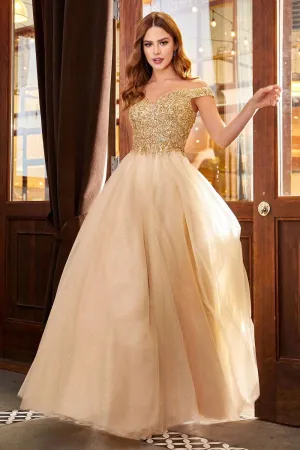 CD CD0177 - A-Line Off the Shoulder with Beaded Bodice Prom Gown with Sweetheart Neck & Layered Shimmering Tulle Skirt
