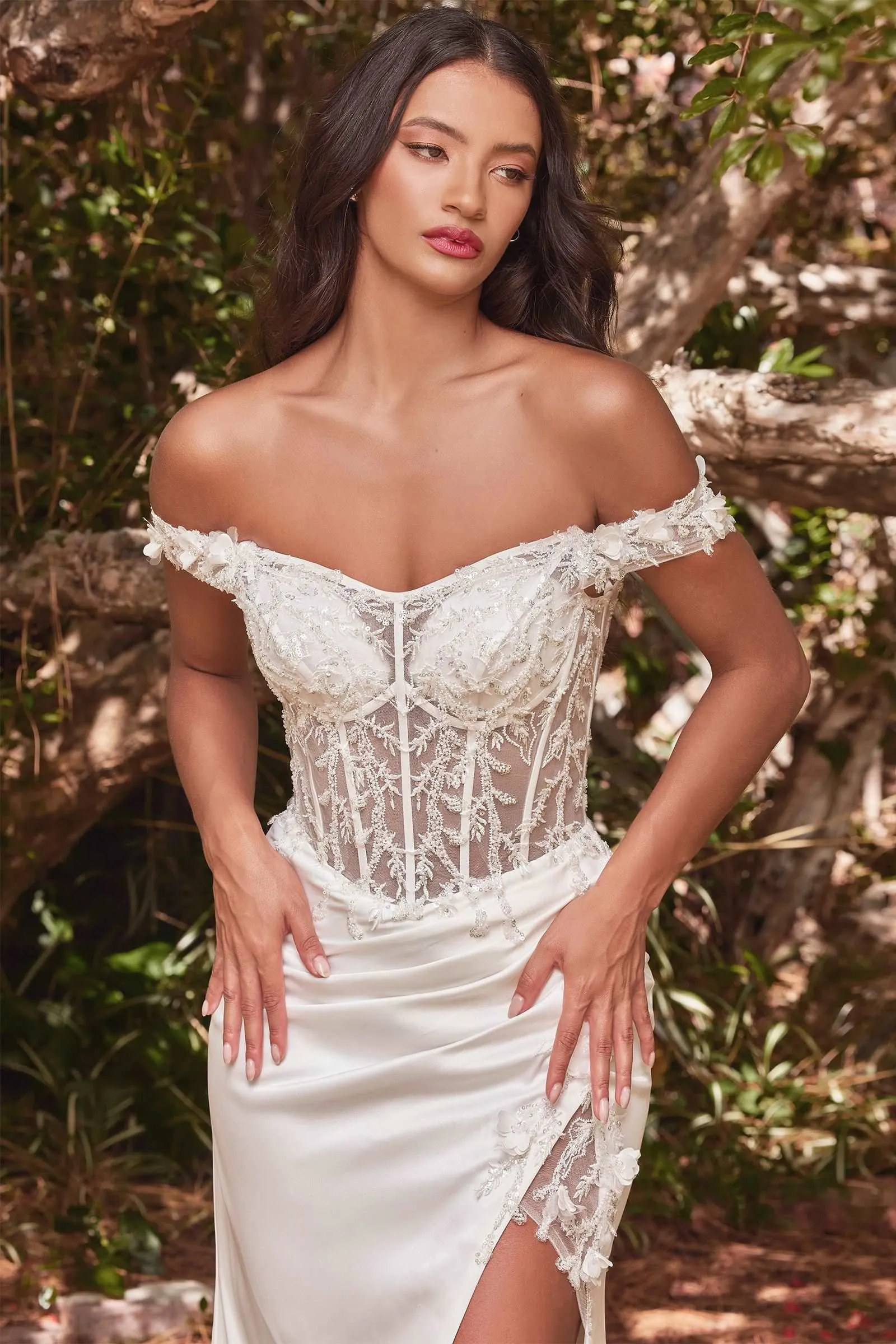 CD CD0186W - Off the Shoulder Fit & Flare Wedding Gown with Sheer Beaded Lace Boned Corset Bodice 3D Floral Applique & Leg Slit