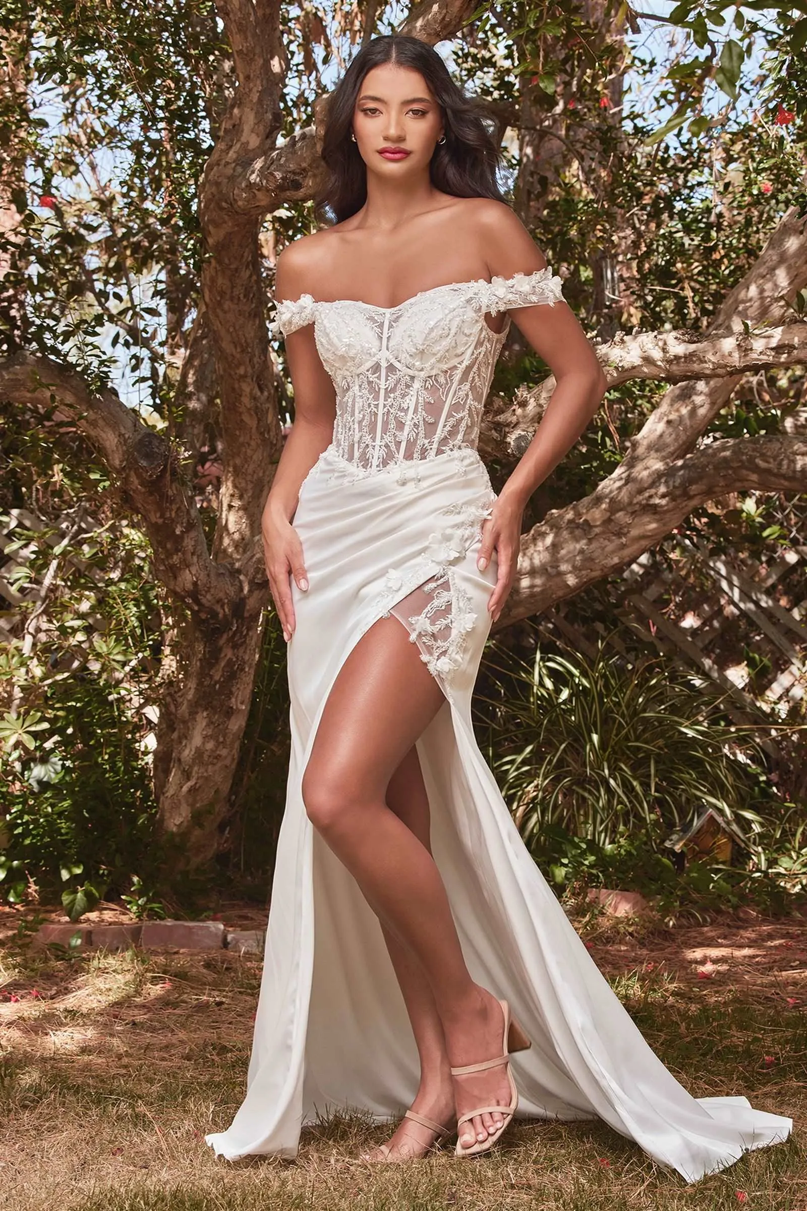 CD CD0186W - Off the Shoulder Fit & Flare Wedding Gown with Sheer Beaded Lace Boned Corset Bodice 3D Floral Applique & Leg Slit