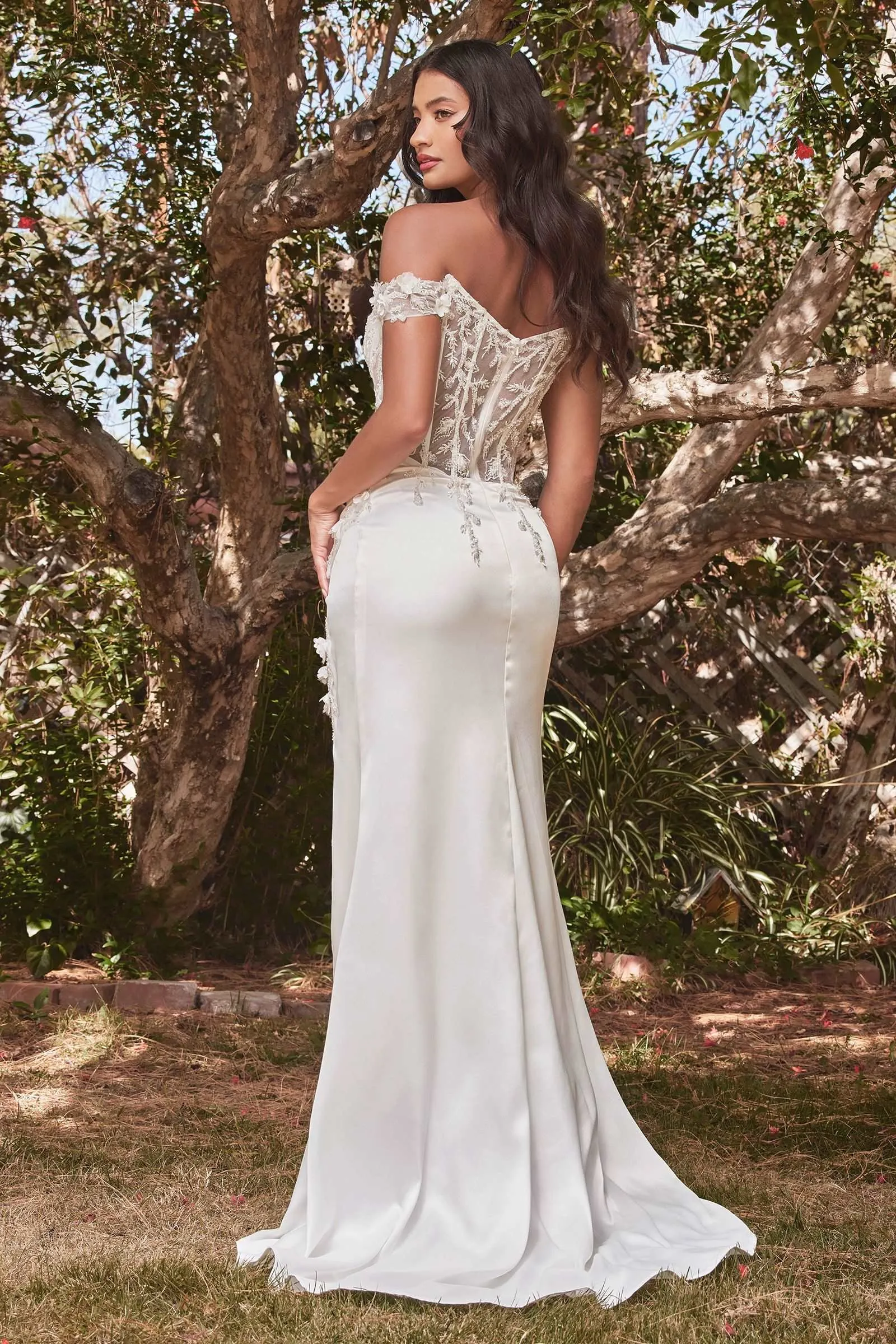CD CD0186W - Off the Shoulder Fit & Flare Wedding Gown with Sheer Beaded Lace Boned Corset Bodice 3D Floral Applique & Leg Slit