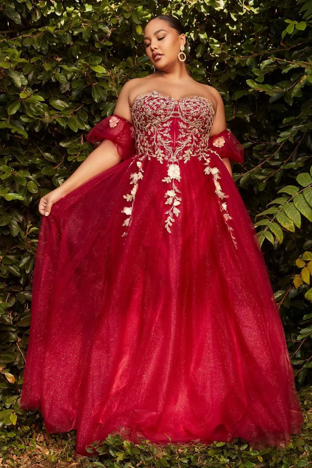 CD CD0191 - Strapless Shimmer Tulle A-Line Prom Gown with 3D Floral Boned Bodice Removeable Puff Sleeves & Corset Back