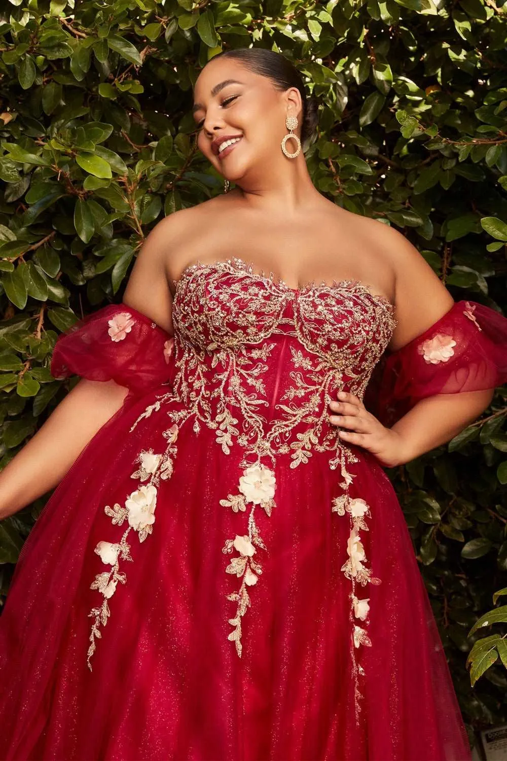 CD CD0191 - Strapless Shimmer Tulle A-Line Prom Gown with 3D Floral Boned Bodice Removeable Puff Sleeves & Corset Back