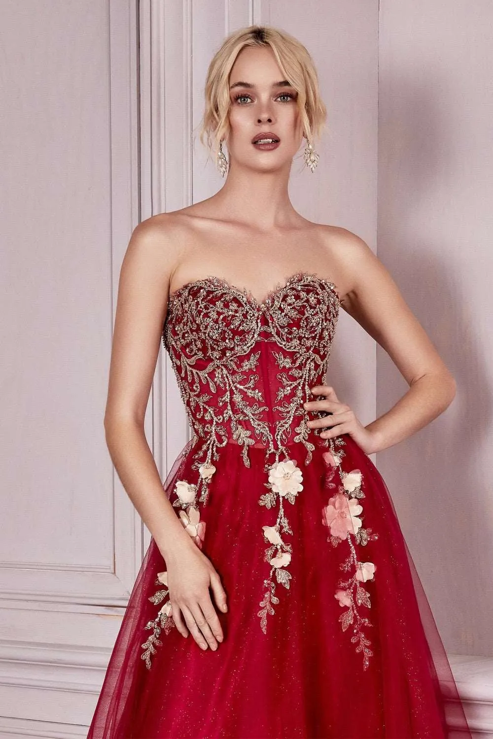 CD CD0191 - Strapless Shimmer Tulle A-Line Prom Gown with 3D Floral Boned Bodice Removeable Puff Sleeves & Corset Back