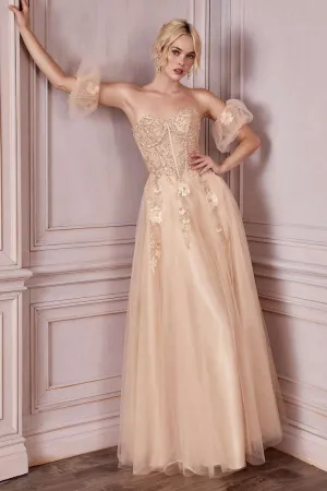 CD CD0191 - Strapless Shimmer Tulle A-Line Prom Gown with 3D Floral Boned Bodice Removeable Puff Sleeves & Corset Back