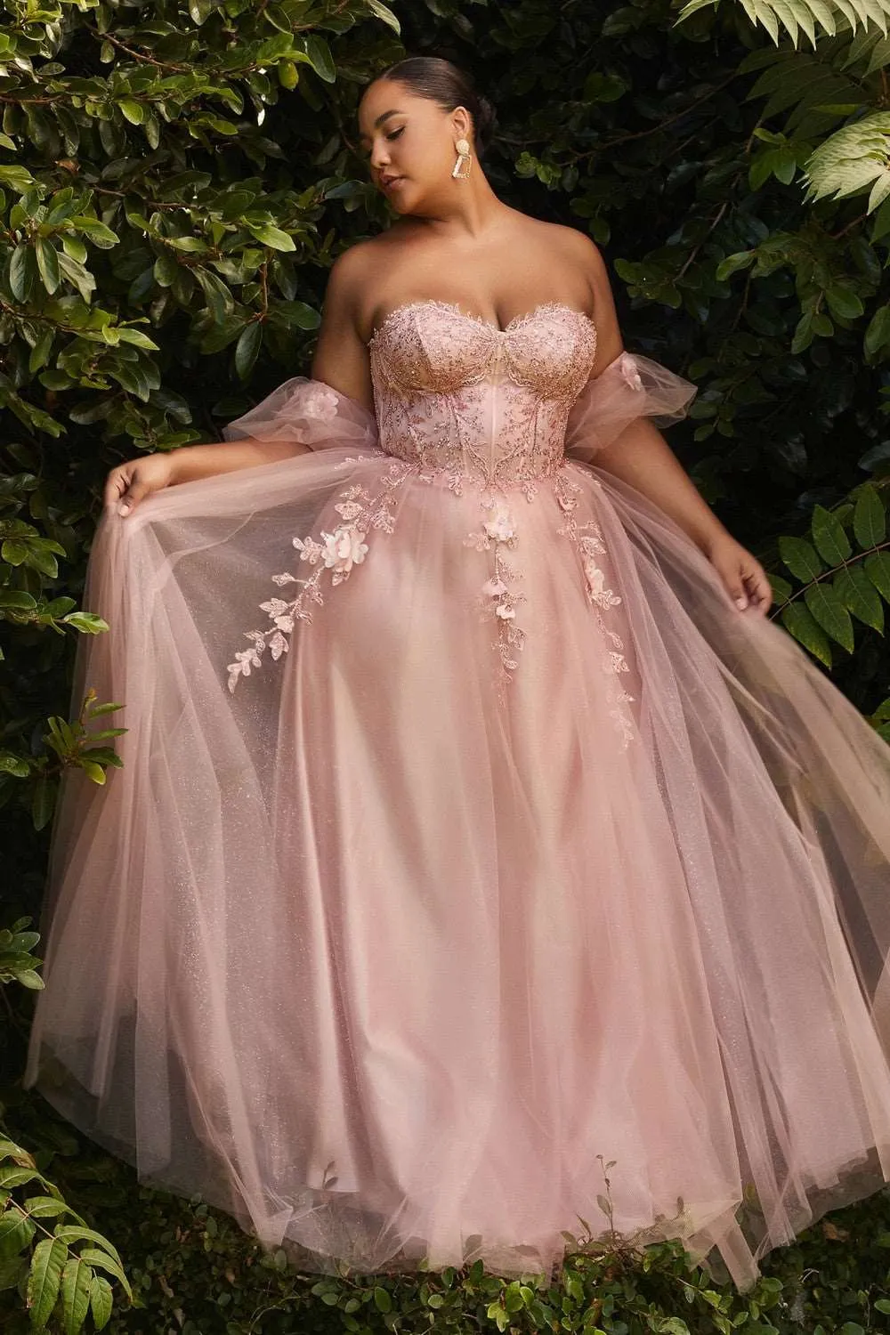 CD CD0191 - Strapless Shimmer Tulle A-Line Prom Gown with 3D Floral Boned Bodice Removeable Puff Sleeves & Corset Back