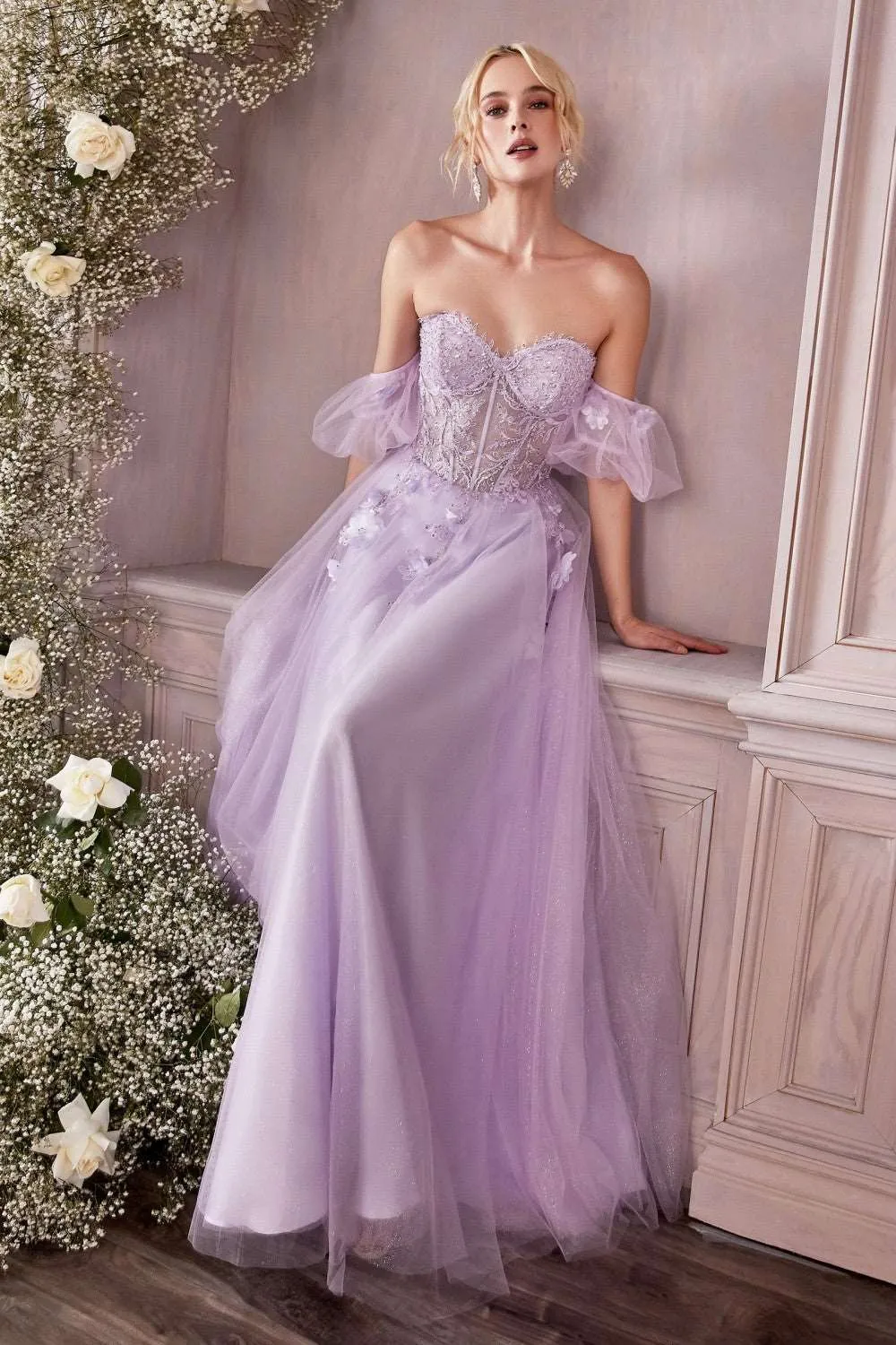CD CD0191 - Strapless Shimmer Tulle A-Line Prom Gown with 3D Floral Boned Bodice Removeable Puff Sleeves & Corset Back