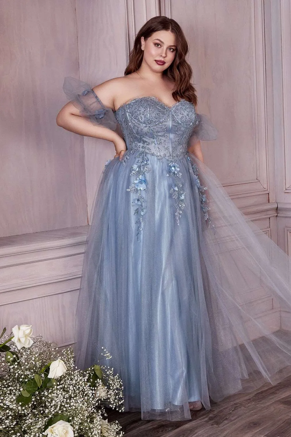 CD CD0191 - Strapless Shimmer Tulle A-Line Prom Gown with 3D Floral Boned Bodice Removeable Puff Sleeves & Corset Back