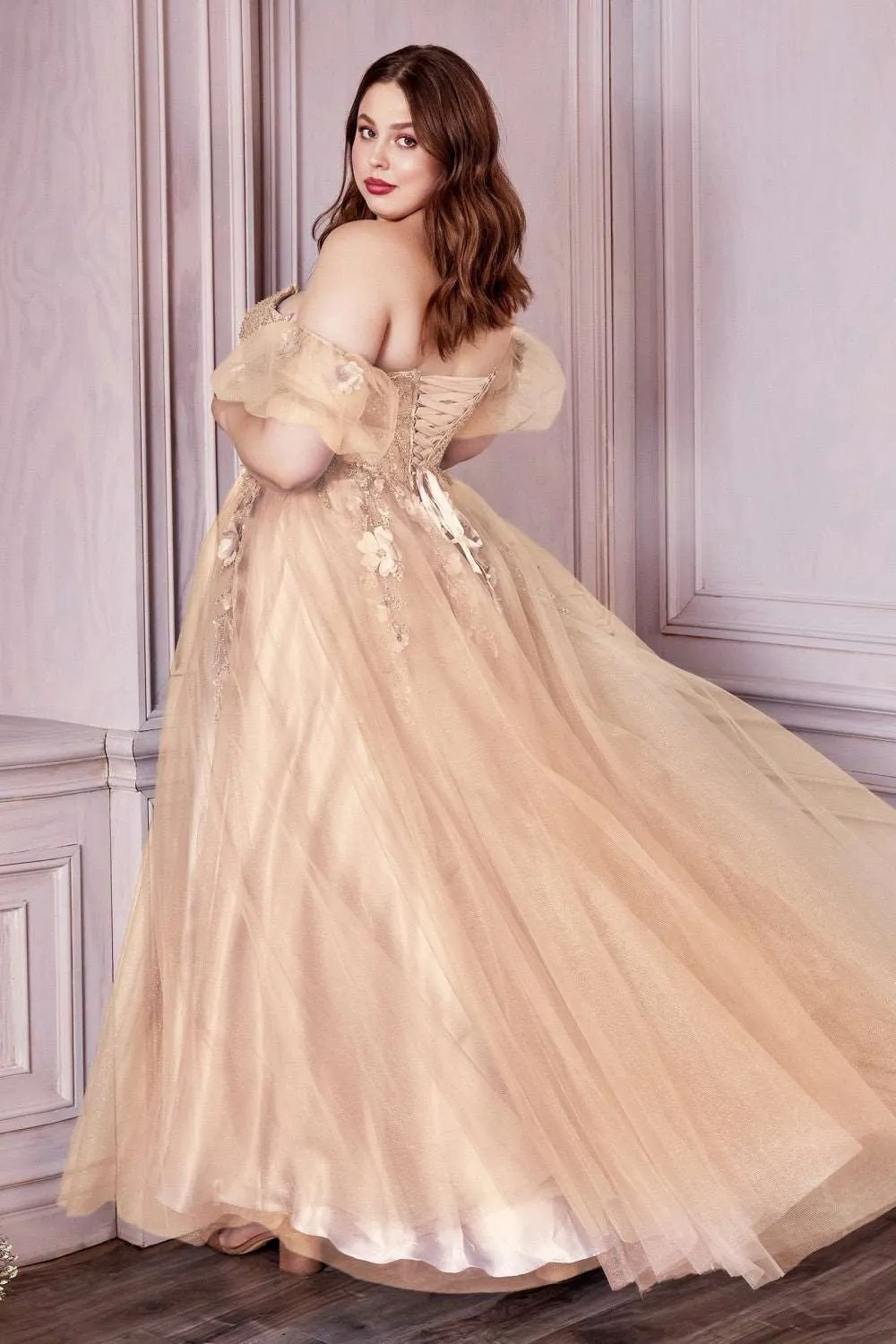 CD CD0191 - Strapless Shimmer Tulle A-Line Prom Gown with 3D Floral Boned Bodice Removeable Puff Sleeves & Corset Back