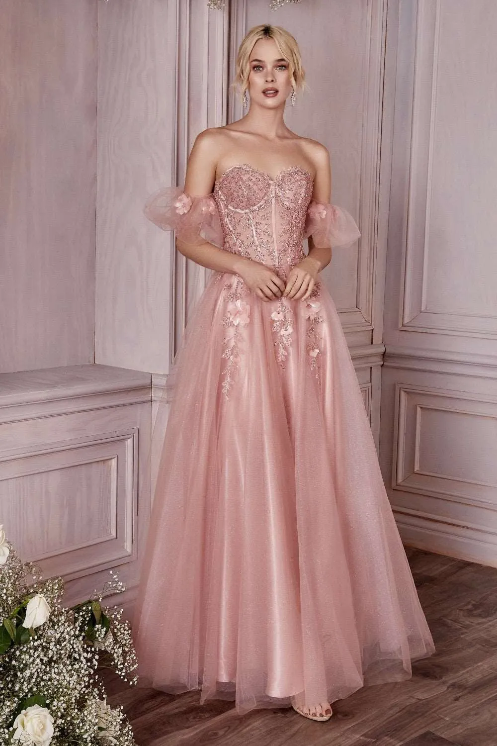 CD CD0191 - Strapless Shimmer Tulle A-Line Prom Gown with 3D Floral Boned Bodice Removeable Puff Sleeves & Corset Back