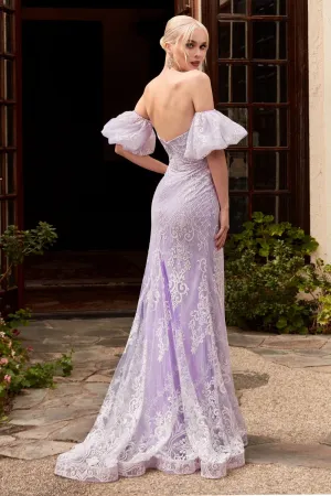 CD CD958 - Strapless Glittered Lace Fit & Flare Prom Gown with Illusion V-Neck Optional Puff Sleeves & Train