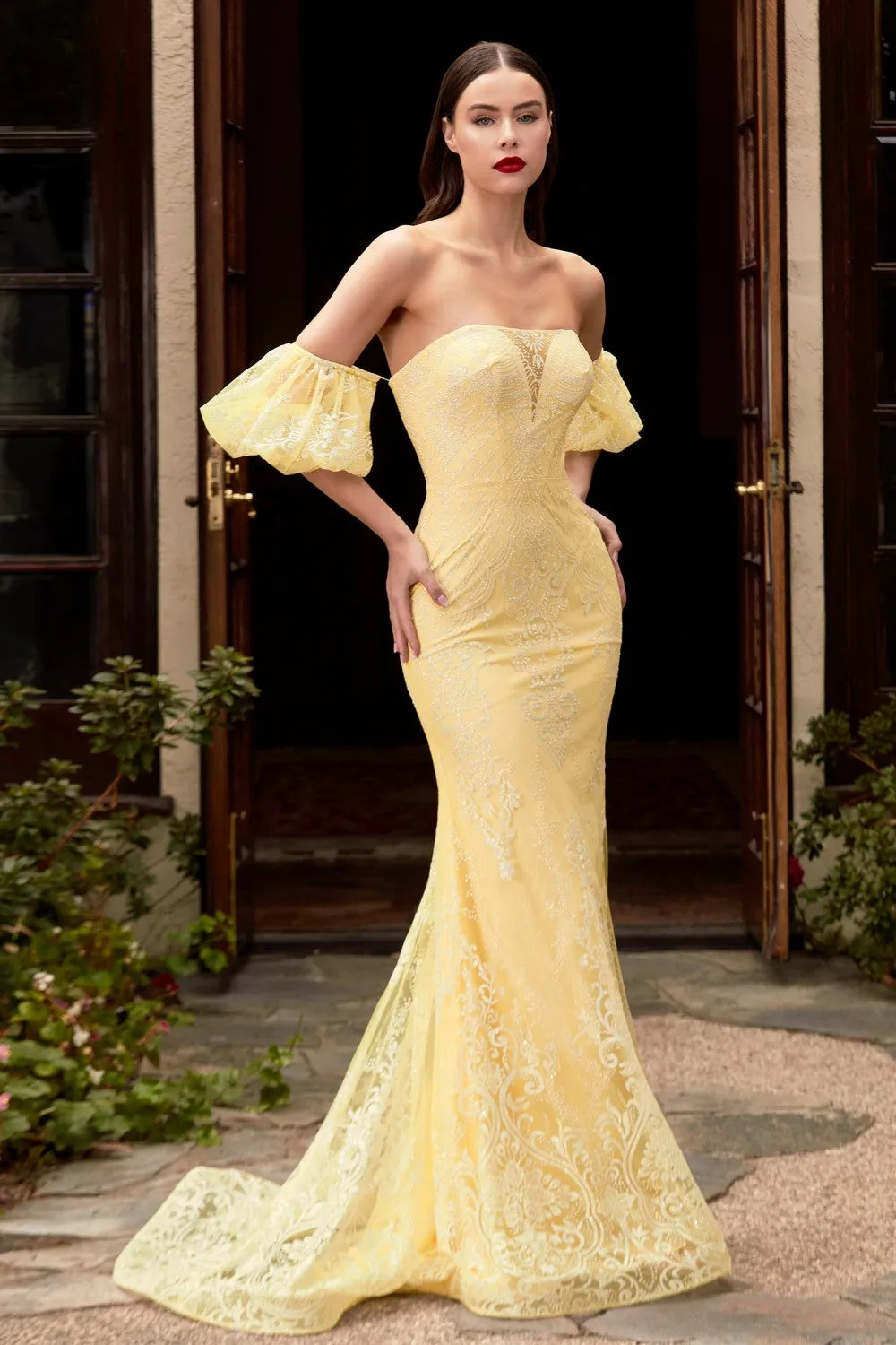 CD CD958 - Strapless Glittered Lace Fit & Flare Prom Gown with Illusion V-Neck Optional Puff Sleeves & Train