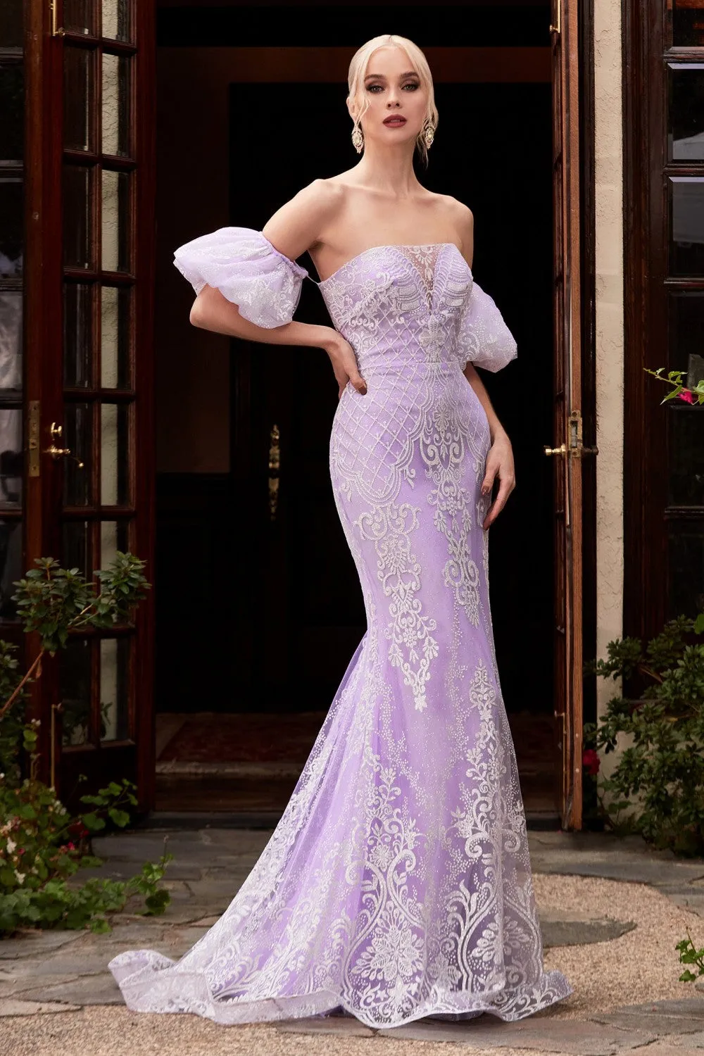 CD CD958 - Strapless Glittered Lace Fit & Flare Prom Gown with Illusion V-Neck Optional Puff Sleeves & Train