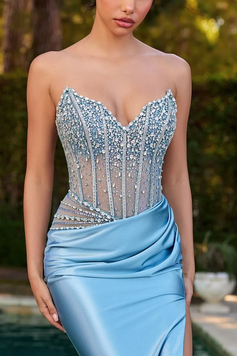 CD CDS538 - Strapless Stretch Fit & Flare Prom Gown with Sheer Beaded Bodice & Leg Slit