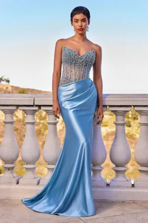 CD CDS538 - Strapless Stretch Fit & Flare Prom Gown with Sheer Beaded Bodice & Leg Slit