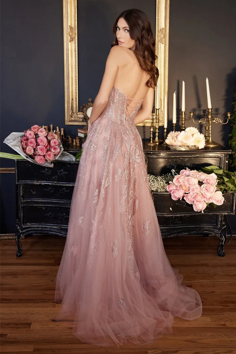 CD J852 - Glitter Print over Shimmering Tulle A-Line Prom Gown with Sheer Boned Bodice & Lace Up Corset Back