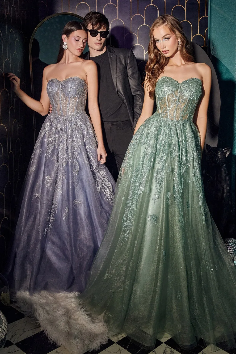 CD J852 - Glitter Print over Shimmering Tulle A-Line Prom Gown with Sheer Boned Bodice & Lace Up Corset Back