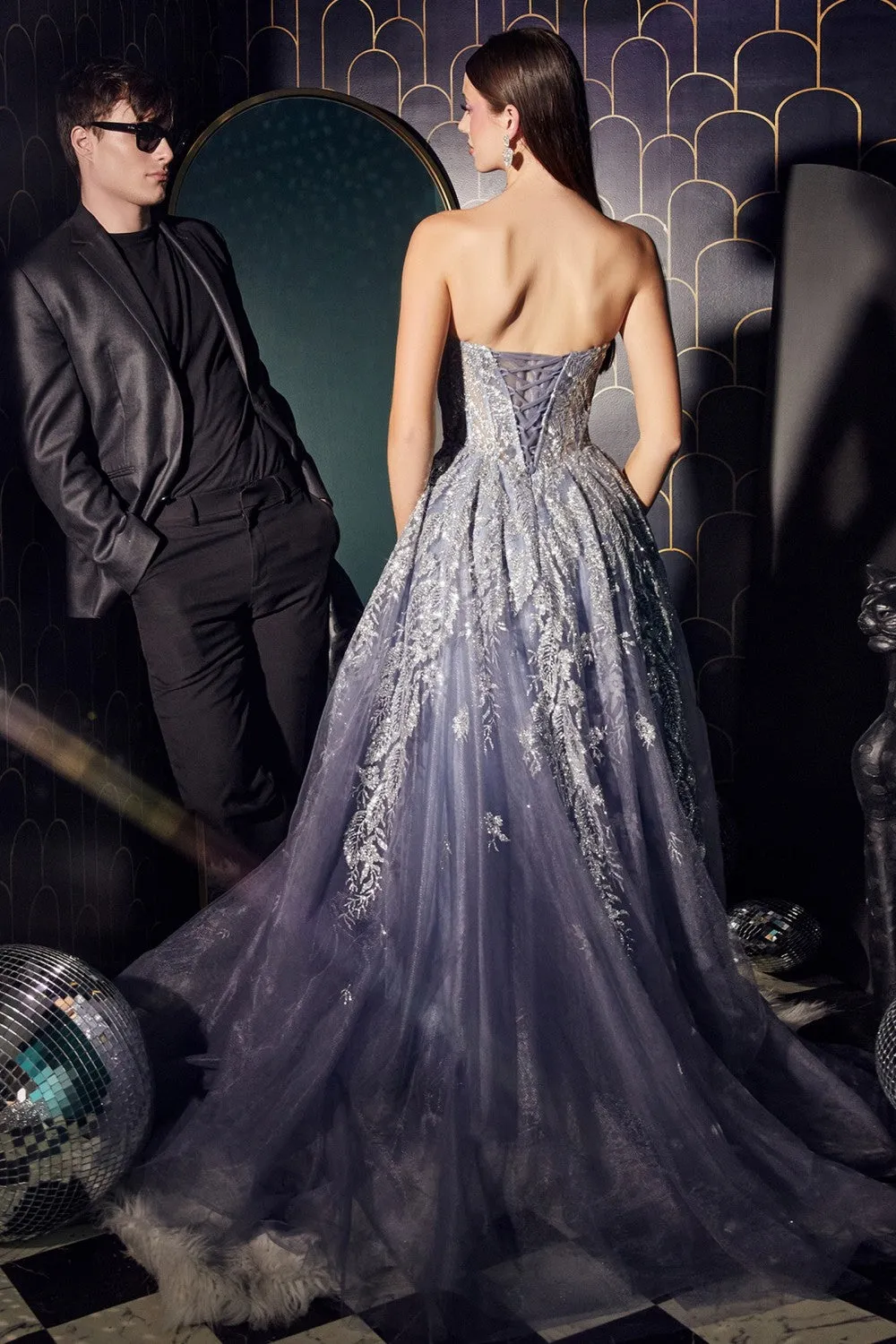 CD J852 - Glitter Print over Shimmering Tulle A-Line Prom Gown with Sheer Boned Bodice & Lace Up Corset Back