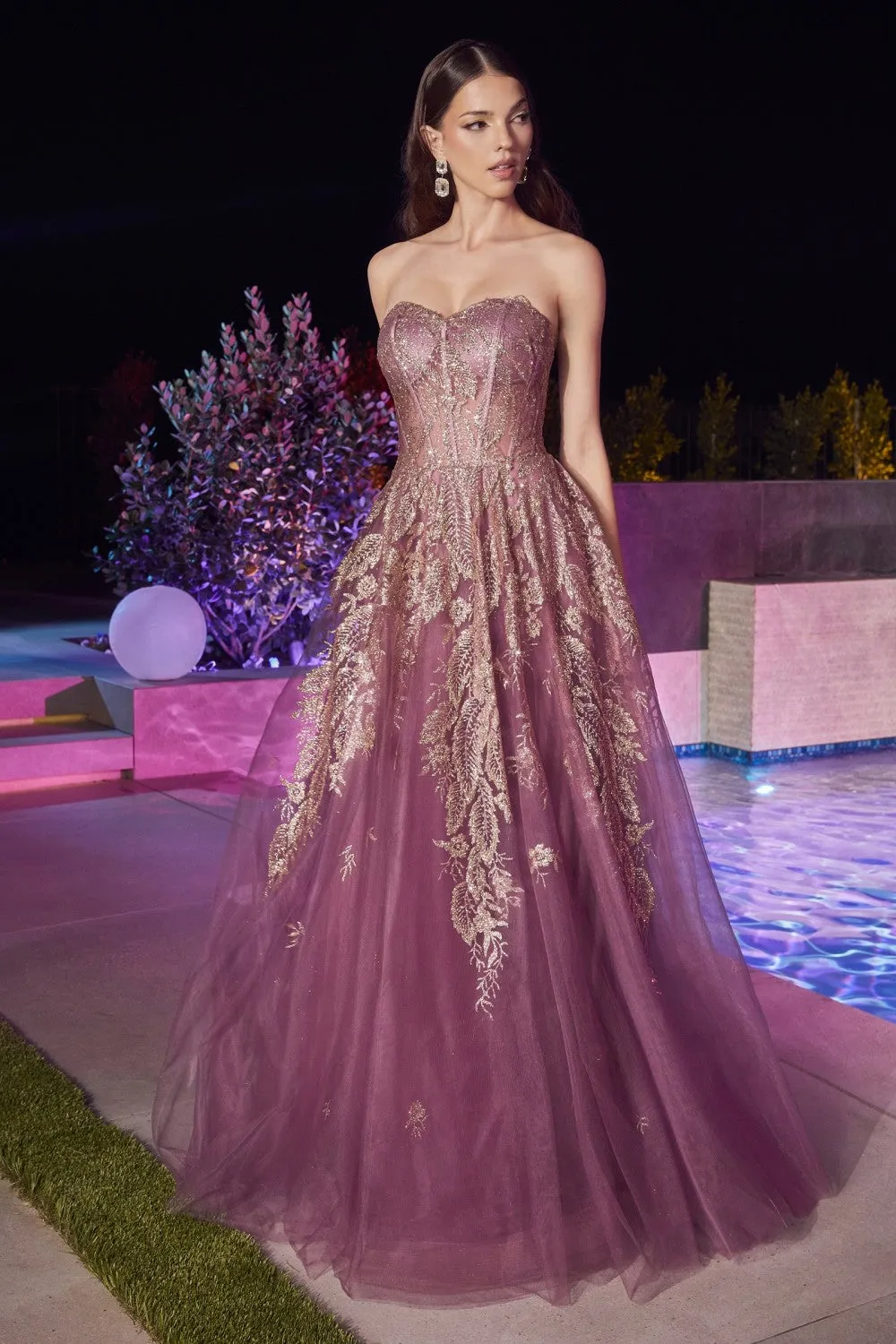 CD J852 - Glitter Print over Shimmering Tulle A-Line Prom Gown with Sheer Boned Bodice & Lace Up Corset Back
