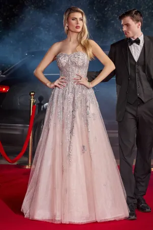 CD J852 - Glitter Print over Shimmering Tulle A-Line Prom Gown with Sheer Boned Bodice & Lace Up Corset Back