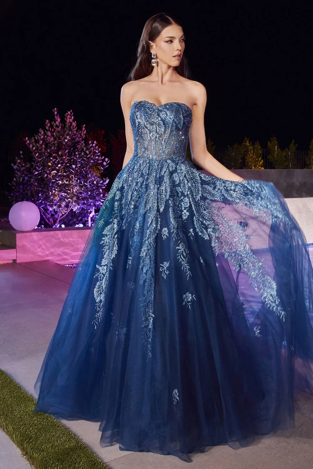 CD J852 - Glitter Print over Shimmering Tulle A-Line Prom Gown with Sheer Boned Bodice & Lace Up Corset Back