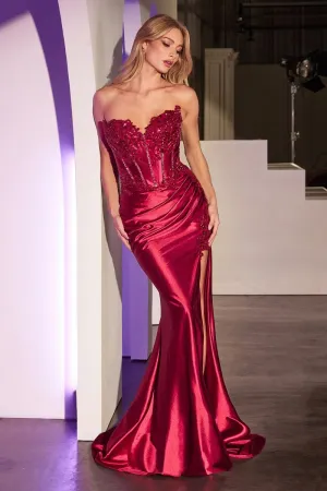 CD KV1116 - Strapless Stretch Satin Fit & Flare Prom Gown with Boned Beaded Lace Appliqued Bodice Leg Slit & Open Lace Up Back
