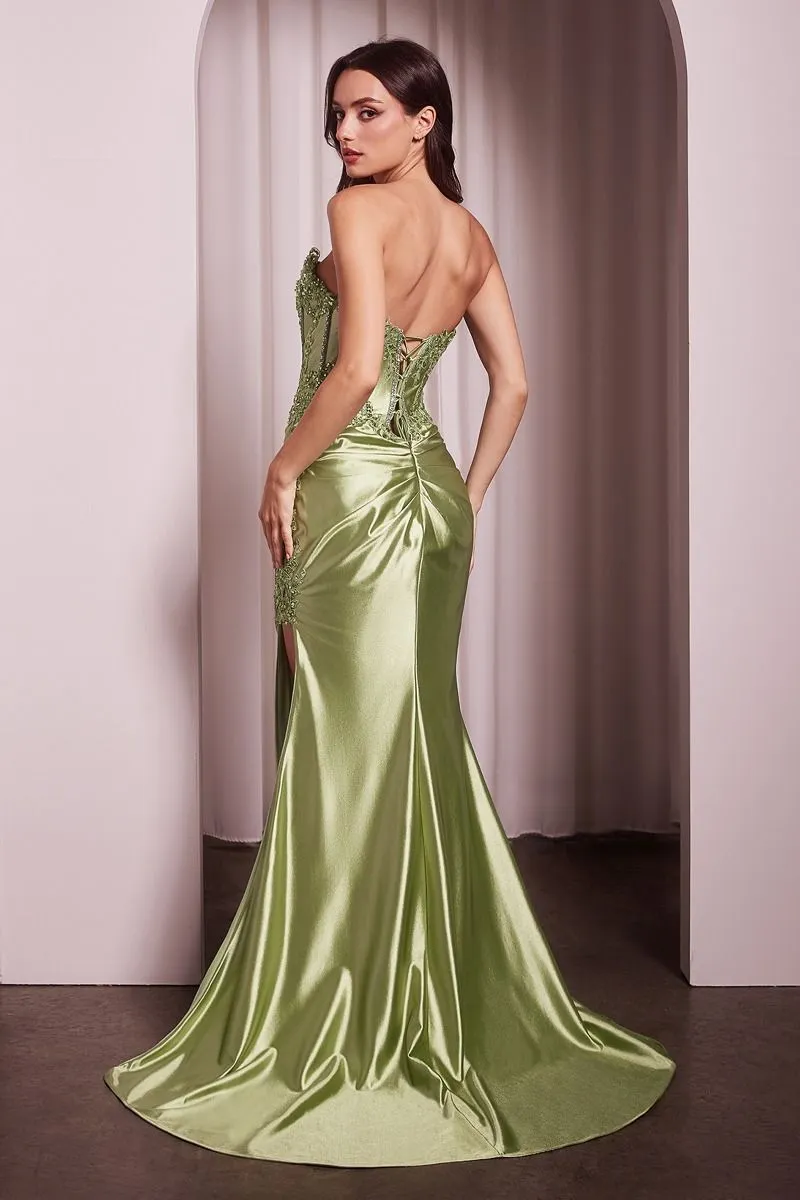 CD KV1116 - Strapless Stretch Satin Fit & Flare Prom Gown with Boned Beaded Lace Appliqued Bodice Leg Slit & Open Lace Up Back