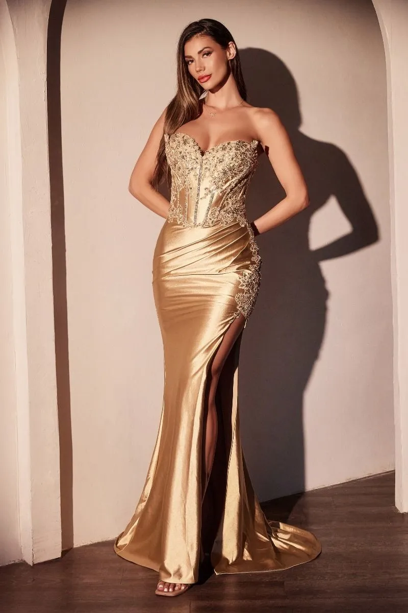 CD KV1116 - Strapless Stretch Satin Fit & Flare Prom Gown with Boned Beaded Lace Appliqued Bodice Leg Slit & Open Lace Up Back