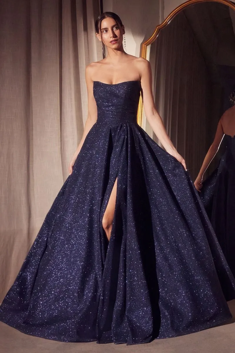 CD T701 - Strapless Shimmery A-Line Prom Gown with Gathered Scoop Neck Bodice Lace Up Corset Back & Leg Slit