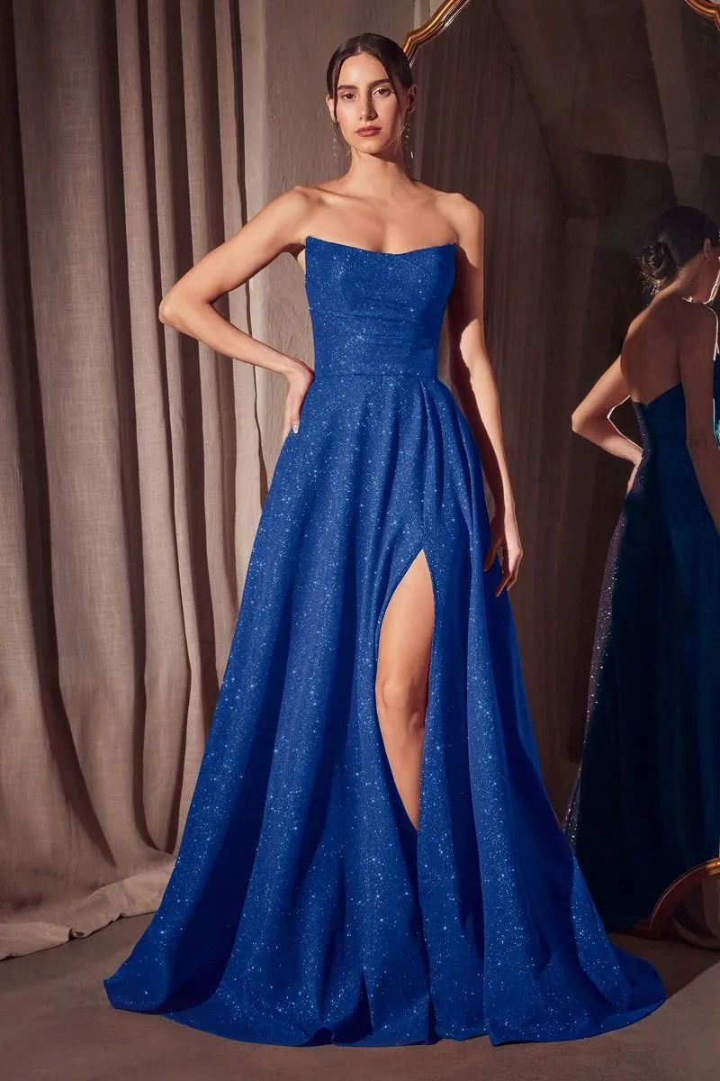 CD T701 - Strapless Shimmery A-Line Prom Gown with Gathered Scoop Neck Bodice Lace Up Corset Back & Leg Slit