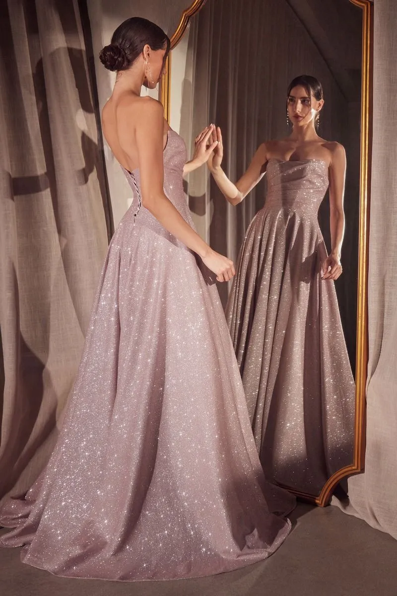 CD T701 - Strapless Shimmery A-Line Prom Gown with Gathered Scoop Neck Bodice Lace Up Corset Back & Leg Slit