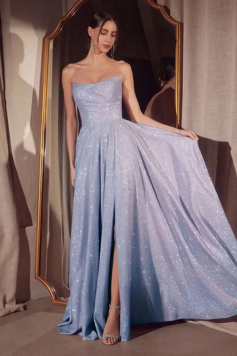 CD T701 - Strapless Shimmery A-Line Prom Gown with Gathered Scoop Neck Bodice Lace Up Corset Back & Leg Slit