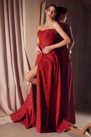 CD T701 - Strapless Shimmery A-Line Prom Gown with Gathered Scoop Neck Bodice Lace Up Corset Back & Leg Slit