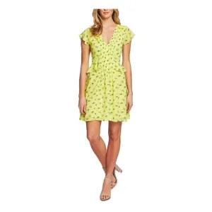 CECE Womens Yellow Floral Short Sleeve V Neck Above The Knee Sheath Dress 2